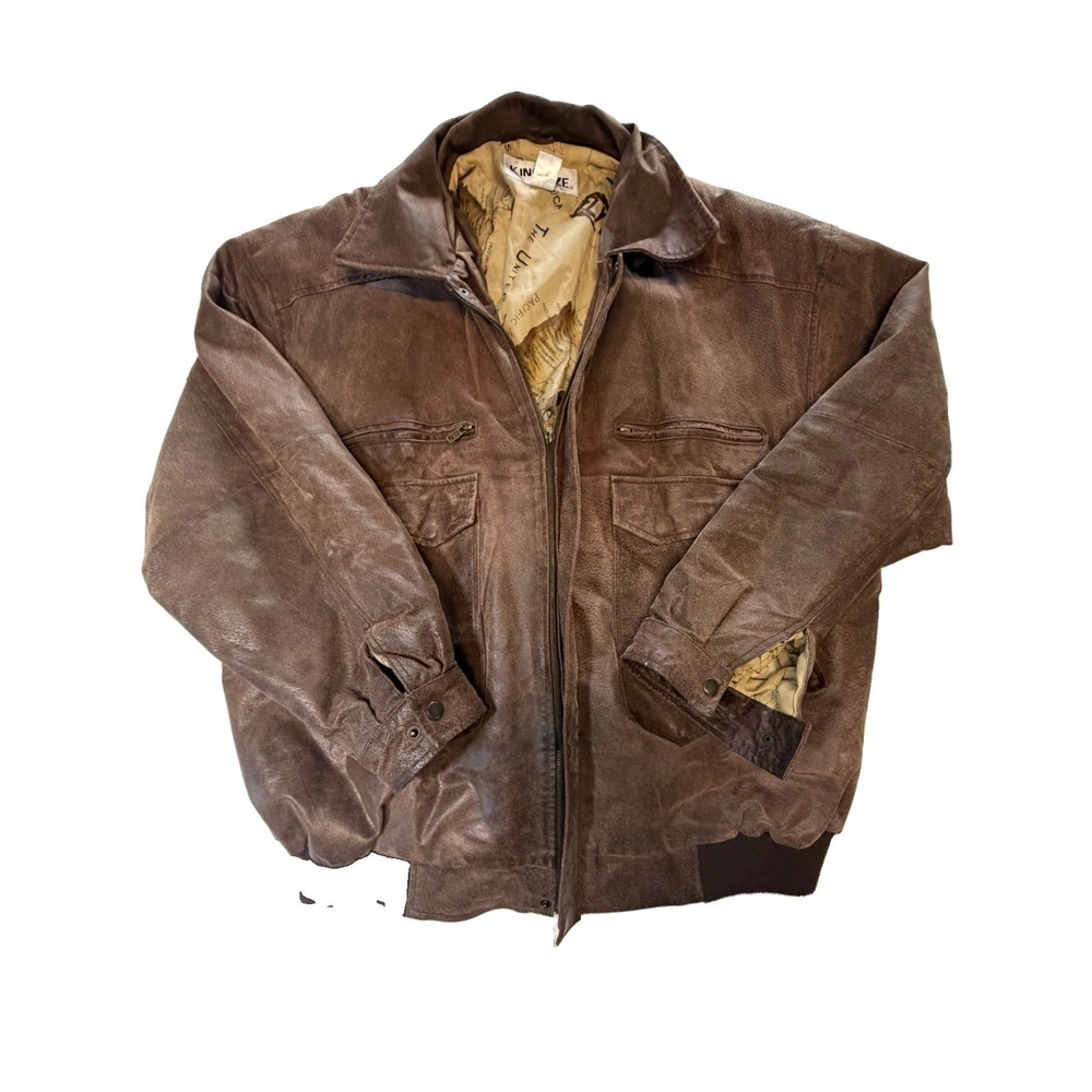 KingSize Leather Bomber Jacket Mens 3XL Brown Distressed Flight Aviator Map